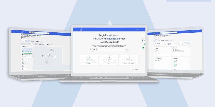 Een blauwe achtergrond met het logo van Alice en 3 laptops ervoor met op elke laptop een scherm van de Bizcheck site.